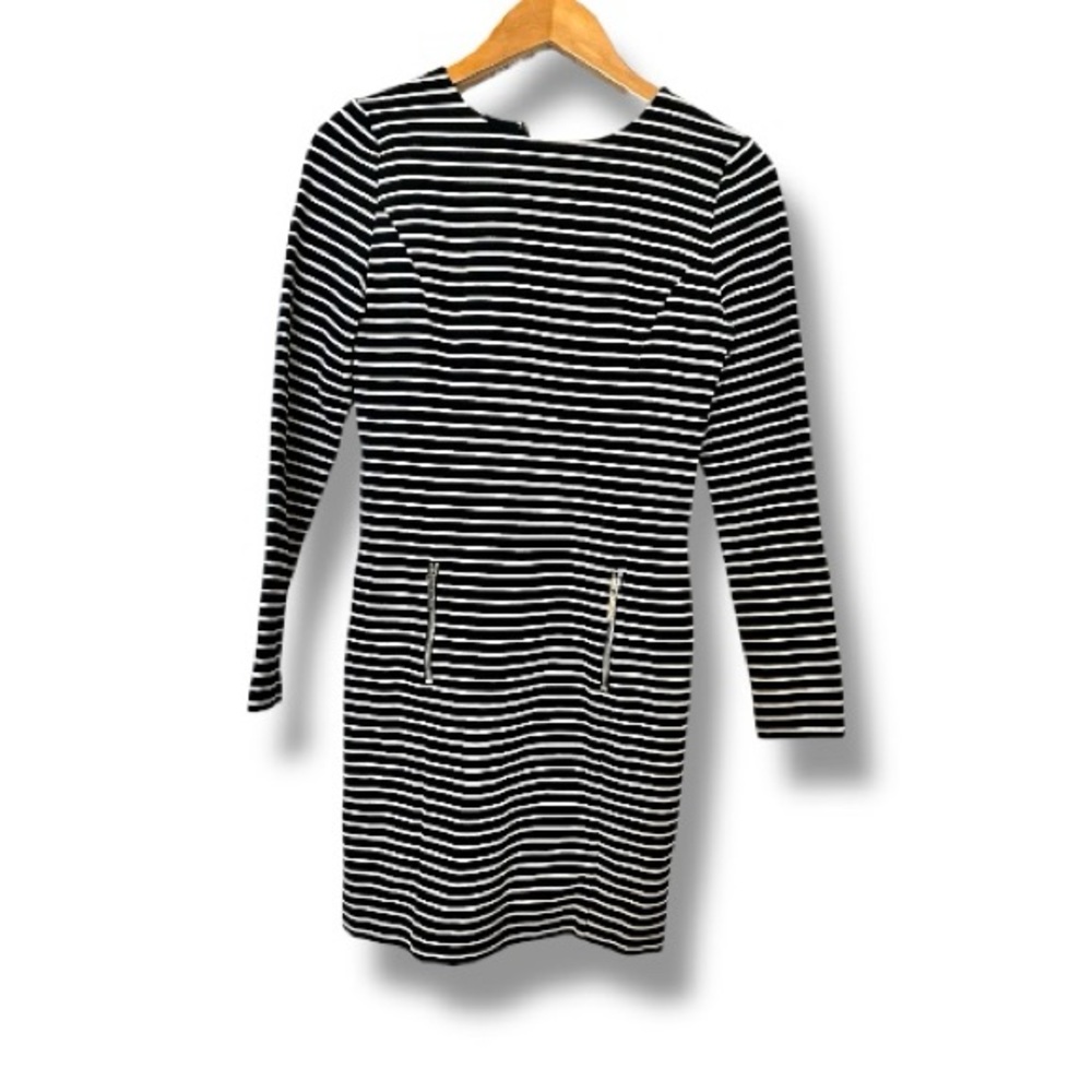 Michael Kors Striped Dress Black White Long Sleeve Size 4 Silver Zip Back